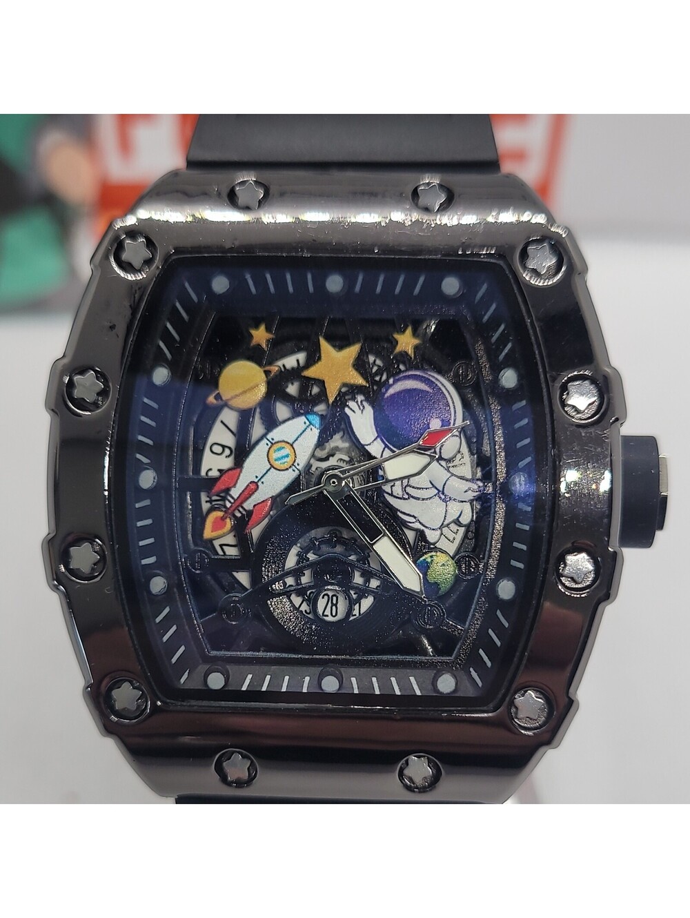 426 AJ celestial theme tonneau black rubber strap analog wristwatch date indi